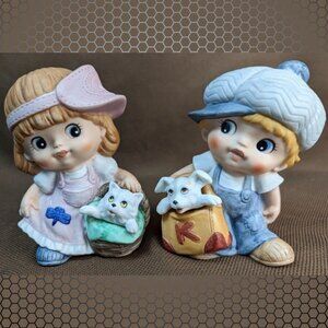 Vintage Set of 2 Homco #1439 Little Girl & Boy with Kitten & Puppy Figurines
